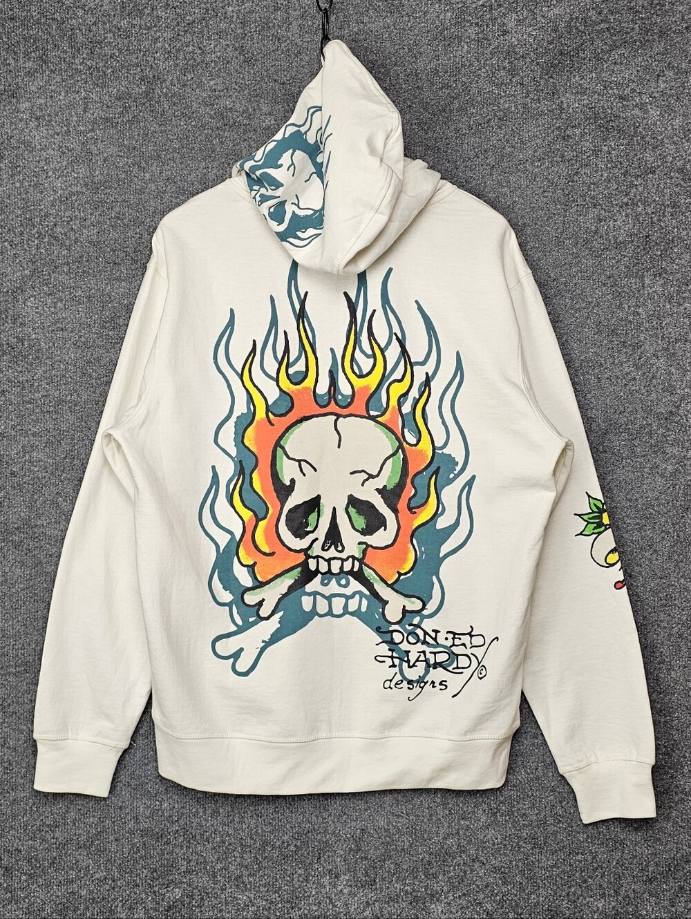 Ed Hardy Flaming Skull Graphic Zip Up Hoodie Cream Off-White - Size M